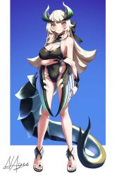  absurdres alternate_costume arm_under_breasts black_one-piece_swimsuit black_tail black_wings blue_background blush chamber_dragonmaid commentary_request dated dragon_girl dragon_horns dragon_tail dragon_wings duel_monster female full_body grey_eyes grey_hair highres horns long_hair looking_at_viewer low_wings noagen one-piece_swimsuit smile swimsuit tail wings yu-gi-oh! 