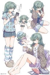  alternate_costume animal_slippers barefoot blue_eyes blush breasts cardigan chibi cleavage closed_mouth cup eyepatch female grey_hair hair_brush hair_tie_in_mouth hat highres holding holding_cup kantai_collection kiso_(kancolle) leg_warmers long_hair long_sleeves magazine_(object) medium_breasts mouth_hold mug multiple_views narukan nightcap pajamas pillow shirt short_sleeves shorts simple_background sitting slippers spoken_zzz standing twitter_username white_background zzz 