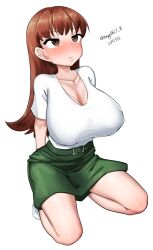  absurdres blush breasts brown_eyes brown_hair cleavage female full_body green_skirt highres huge_breasts kantai_collection kneeling long_hair maru_(marg0613) nose_blush one-hour_drawing_challenge ooi_(kancolle) ooi_(tsuyu_mode)_(kancolle) shirt simple_background skirt solo white_background white_shirt 