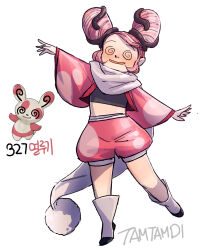  @_@ blush commentary dizzy double_bun female full_body hair_bun midriff open_mouth outstretched_arms personification pink_hair pink_shorts pokemon pokemon_(creature) pom_pom_(clothes) reference_inset scarf shorts signature simple_background spinda spread_arms tamtamdi translated white_background white_footwear white_scarf wide_sleeves 