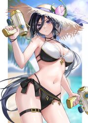  armpit_crease beach bikini black_bikini black_hair blurry blurry_background breasts breasts_apart clorinde_(genshin_impact) closed_mouth contrapposto cowboy_shot earrings female genshin_impact hand_up hat highres holding holding_water_gun jewelry large_breasts long_hair looking_at_viewer moguta_(moguta9) navel purple_eyes side-tie_bikini_bottom solo stomach straw_hat swimsuit thigh_strap two-tone_bikini water_gun white_bikini 