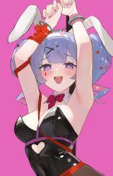  :d animal_ears armpits arms_up black_leotard blush bound bound_wrists bow bowtie breasts clothing_cutout cp_(tlstjdghek) cuffed cuffs cutout_above_navel detached_collar drill_hair fake_animal_ears female hair_ornament hairclip handcuffs hatsune_miku heart heart-shaped_pupils heart_cutout heart_hair_ornament highres leotard looking_at_viewer medium_breasts open_mouth pink_background pink_pupils playboy_bunny pole purple_eyes purple_hair rabbit_ears rabbit_hole_(vocaloid) red_bow red_bowtie red_nails ribbon ribbon_bondage simple_background smile solo strapless strapless_leotard stripper_pole symbol-shaped_pupils teardrop_facial_mark twin_drills twintails upper_body x_hair_ornament 