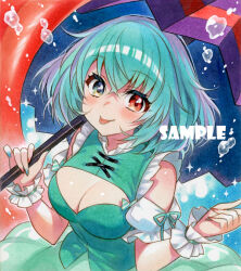  blue_background blue_eyes blue_hair blue_skirt blue_vest blush breasts bubble chacham cleavage commentary_request cross-laced_clothes female heterochromia karakasa_obake looking_at_viewer marker_(medium) medium_breasts nail_polish painting_(medium) purple_umbrella red_eyes sample_watermark short_hair skirt solo tatara_kogasa tongue tongue_out touhou traditional_media umbrella vest watercolor_(medium) watermark 