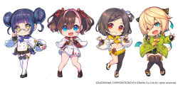  4girls aqua_eyes arm_warmers bare_legs black_skirt black_thighhighs blonde_hair blue_eyes blue_hair blue_neckerchief bow bowtie braid braided_bangs brown_hair buttons cardigan chibi chibi_only closed_mouth commentary_request copyright_notice cropped_shirt double-breasted double_bun dress fingerless_gloves frilled_sleeves frills fukube gloves green_cardigan green_skirt hair_bun hairbow hands_up horinuki_masamune houchou_masamune inaba_gou_(tenka_hyakken) long_sleeves low_ponytail midriff multicolored_hair multiple_girls neckerchief official_art one_eye_closed pink_hair pinky_out red_eyes red_neckerchief red_ribbon ribbon round_eyewear sandals semi-rimless_eyewear shoes single_thighhigh skirt smile sukashi_masamune swept_bangs teeth tenka_hyakken thighhighs toeless_footwear twintails two-tone_hair under-rim_eyewear white_dress white_ribbon white_thighhighs wide_sleeves yellow_bow yellow_bowtie yellow_eyes yellow_neckerchief yellow_skirt zouri 