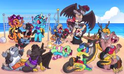  absurd_res anthro avian beach cartoon clothing dinosaur dollytraiter07 dragon female group gryphon hi_res invalid_tag male mythological_avian mythological_creature mythological_scalie mythology prehistoric_species reptile scalie swimwear tickle_torture tickling 