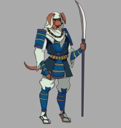  2024 5_fingers absurd_res anthro armor blue_armor canid canine canis chuji_(palesnake) clothed clothing digital_drawing_(artwork) digital_media_(artwork) domestic_dog female fingers floppy_ears footwear full-length_portrait fully_clothed fur grey_background hair hi_res holding_object holding_weapon hood jewelry mammal necklace palesnake portrait shoulder_armor simple_background sode solo standing tail weapon 