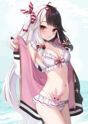  black_hair blush bow breasts female hair_ornament highres jacket medium_breasts multicolored_hair nail_polish navel nijisanji open_clothes open_jacket rabbit_hair_ornament red_eyes ribbon shin_insh streaked_hair swimsuit two-tone_hair virtual_youtuber white_hair yorumi_rena 