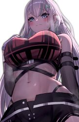  absurdres arm_belt belt black_belt black_shorts blush bra breasts closed_mouth detached_sleeves ember_amane female fingerless_gloves gloves green_hair grey_eyes grey_hair hair_ornament hand_on_own_chest highleg highleg_panties highres large_breasts long_hair mole mole_under_eye multicolored_hair musical_note musical_note_hair_ornament navel open_fly panties phase_connect pink_hair plaid_bra plaid_clothes red_bra shorts silva_arts solo standing streaked_hair sweat underwear virtual_youtuber 