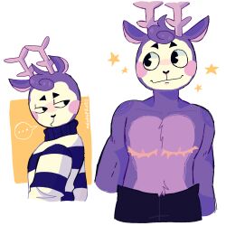  1:1 anthro antlers artist_name blush blush_stickers bodypaint bottomwear clothing deer face_paint fur hair half-closed_eyes happy_tree_friends head_tuft hi_res horn kippwire looking_aside looking_back makeup male mammal mastectomy_scar mime mime_(htf) narrowed_eyes pants pattern_clothing pattern_shirt pattern_topwear pie_cut_eyes purple_body purple_fur purple_hair rosy_cheeks scar shirt shirtless_anthro shirtless_male simple_background solo speech_bubble star striped_clothing striped_shirt striped_topwear stripes sweater text topwear tuft turtleneck white_background white_face white_face_paint 