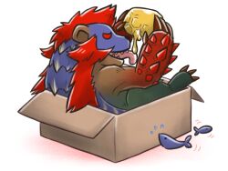  4:3 ambiguous_feral ambiguous_gender arzuros bear beehive blue_body blue_scales box canes-cm capcom cardboard cardboard_box claws container fangs feral fish food fur furred_scalie green_body green_fur honey_(food) if_it_fits_i_sits_(meme) in_box in_container licking mammal marine meme monster_hunter multicolored_body multicolored_fur primatius red_body red_eyes red_fur red_scales redhelm_arzuros scales scalie solo teeth tongue tongue_out wiggle 