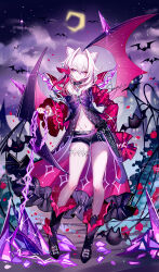  :q absurdres adapted_costume bare_legs bat_(animal) black_boots black_choker black_shorts blurry blurry_background boots bow choker closed_mouth coat crescent_moon female full_body hair_between_eyes hair_ears hair_intakes hair_ornament highres holding honkai_(series) honkai_impact_3rd large_bow legs long_sleeves looking_at_viewer medium_hair missing_commentary moon navel night night_sky outdoors purple_bow purple_eyes purple_sky red_coat red_pupils sheya short_shorts shorts signature sky smile solo stomach thelema_nutriscu tongue tongue_out white_hair 