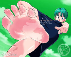  barefoot blue_eyes bulma_briefs cloud dragon_ball dragon_ball_(classic) dress earrings feet female foot_focus foreshortening green_hair jewelry majdutsu nail_polish sensitive short_hair soles solo toenail_polish toenails toes 