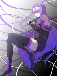  blindfold chains commentary_request dagger facial_mark fate/stay_night fate_(series) female forehead_mark knife long_hair medusa_(fate) medusa_(rider)_(fate) nameless_dagger_(fate) okina_(805197) purple_hair solo thighhighs very_long_hair weapon 