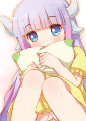  akiba_hideki blue_eyes blush commentary_request dragon_girl dragon_horns female hair_down horns kanna_kamui kobayashi-san_chi_no_maidragon light_purple_hair long_hair looking_at_viewer panties photoshop_(medium) pillow slit_pupils solo tail underwear white_panties 