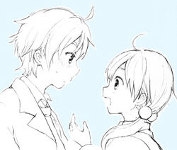  1boy bad_id bad_pixiv_id blue_theme female kitashirakawa_tamako long_hair miton_(ton321) mole mole_on_neck monochrome necktie ooji_mochizou open_mouth school_uniform short_hair tamako_market twintails 