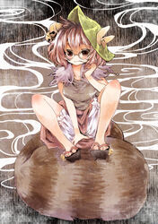  animal_ears bell bloomers breasts brown_eyes brown_hair brown_shirt brown_skirt closed_mouth commentary_request edo. female full_body futatsuiwa_mamizou glasses hat holding holding_smoking_pipe jingle_bell kiseru leaf leaf_on_head looking_at_viewer medium_breasts okobo pince-nez raccoon_ears raccoon_girl raccoon_tail sandals shirt short_hair sitting skirt smile smoking smoking_pipe solo tail touhou underwear 