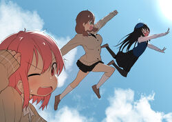  3girls :d ;d absurdres black_hair black_legwear black_skirt blush breasts brown_hair bural_chingu cardigan cloud commentary full_body glasses green_eyes hair_between_eyes ham_na-bi highres ju_hyeon-mi jumping korean_commentary large_breasts lee_ji-eun long_hair luke_(dydansgur) midair multiple_girls necktie one_eye_closed open_mouth original pantyhose pink_hair pleated_skirt red-framed_eyewear red_eyes school_uniform short_hair short_hair_with_long_locks skirt sky smile sweatdrop 