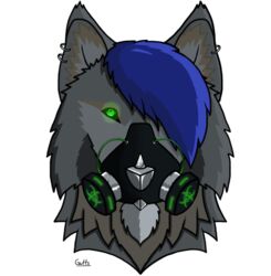  2017 alpha_channel alternative_fashion anthro blue_hair canid canine canis cyber_(disambiguation) cybergoth ear_piercing emo_haircut fur gas_mask glowing goth green_eyes guffs hair looking_at_viewer male mammal mask piercing simple_background solo transparent_background wolf 