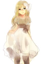  axis_powers_hetalia bad_id bad_pixiv_id black_pantyhose blonde_hair blue_eyes bow collarbone dress female glasses hairbow long_hair monaco_(hetalia) pantyhose pomuta_(tama922) puffy_short_sleeves puffy_sleeves short_sleeves simple_background skirt_hold smile solo white_background white_bow 