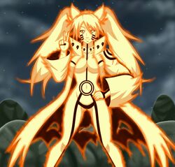  animal_ears animated animated aura breasts female fiery_aura glowing gluteal_fold hand_on_hip kyuubi_(naruto) large_breasts long_hair naruko naruto navel red_eyes rule_63 slit_pupils smile solo twintails v whiskers 