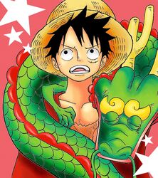  1boy dragon hat kozuki_momonosuke male_focus monkey_d_luffy one_piece open_mouth shoulder_perch solo straw_hat 