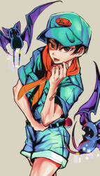  1boy bad_id bad_pixiv_id bandaid black_hair brown_eyes camper_(pokemon) commentary_request hat looking_up male_focus open_mouth poke_ball poke_ball_(basic) pokemon pokemon_(creature) shorts yamabuki_ryuu zubat 