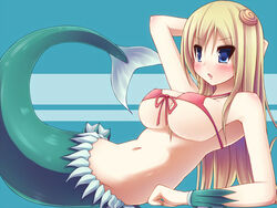  :o arm_support bad_id bad_pixiv_id bikini bikini_top_only blonde_hair blue_eyes blush breasts cleavage female front-tie_top fuji-san large_breasts long_hair mermaid monster_girl morita_(moritania) namiuchigiwa_no_muromi-san navel solo swimsuit 