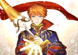  1boy blue_eyes blush cape commentary_request eliwood_(fire_emblem) eliwood_(valentine)_(fire_emblem) fire_emblem fire_emblem:_the_blazing_blade fire_emblem_heroes flower gloves highres male_focus protected_link red_hair simple_background smile solo tcong 