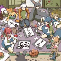  2boys 5girls asakura_teppei blue_hair bow bowtie closed_eyes etomo_shuko ferryl fish food fruit hairbow ibuki_suika kanzaki_yun long_hair m.u.g.e.n multiple_boys multiple_girls ponytail rabbit_(m.u.g.e.n) red_hair ryuuko_(oggy) school_uniform serafuku skirt tetuhei touhou translation_request very_long_hair 