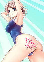  arms_behind_head arms_up ass blue_eyes blue_one-piece_swimsuit body_writing brown_hair character_name commentary_request competition_swimsuit female from_behind group_name highres love_live! love_live!_sunshine!! one-piece_swimsuit shimashima_salmon short_hair smile solo swimsuit watanabe_you 