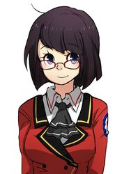  bad_link blue_eyes cocander female glasses jeanne_lefevre missing_stars purple_hair red-framed_eyewear school_uniform simple_background smile solo 