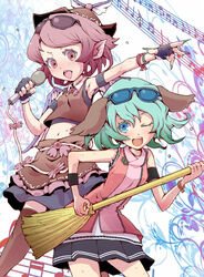  2girls ;d alternate_costume animal_ears aqua_nails bamboo_broom blue_eyes blue_hair blush brooch broom collared_shirt commentary_request eyewear_on_head fingerless_gloves fingernails glasses gloves green_hair hat jewelry kasodani_kyouko long_fingernails microphone midriff multiple_girls music musical_note mystia_lorelei nail_polish one_eye_closed open_mouth pink_eyes pink_hair pureji_oshou shirt short_hair singing skirt smile staff_(music) sweat thighhighs touhou unconventional_guitar wings wristband 