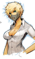  blonde_hair breasts cleavage collarbone female green_eyes hand_on_own_hip large_breasts lena_forst mask missing_stars mouth_mask sho-n-d short_hair solo unbuttoned upper_body 