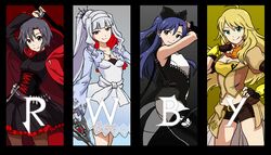  4girls acronym ahoge amazing-c antenna_hair bare_shoulders black_border black_hair blake_belladonna blake_belladonna_(cosplay) blonde_hair blue_hair border breasts brown_eyes cape column_lineup commentary copyright_name cosplay crescent_rose cross crossover dress ember_celica_(rwby) expressionless fingerless_gloves gambol_shroud gloves green_eyes grey_hair hairband head_tilt hoshii_miki idolmaster idolmaster_(classic) jewelry kikuchi_makoto kisaragi_chihaya long_hair looking_at_viewer medium_breasts multiple_girls myrtenaster necklace pantyhose purple_eyes ruby_rose ruby_rose_(cosplay) rwby shijou_takane short_hair short_shorts shorts skirt smile standing sword text_focus thighs weapon weiss_schnee weiss_schnee_(cosplay) white_dress yang_xiao_long yang_xiao_long_(cosplay) 