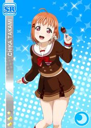  ahoge blush character_name dress love_live!_school_idol_festival love_live!_sunshine!! orange_hair red_eyes short_hair skirt smile sweets takami_chika valentines 