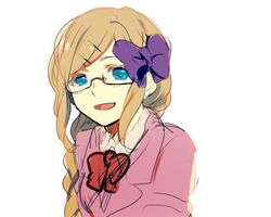  axis_powers_hetalia bad_id bad_pixiv_id blonde_hair blue_eyes bow braid female glasses hair_ornament hairbow hairclip long_hair monaco_(hetalia) open_mouth pomuta_(tama922) purple_bow simple_background single_braid smile solo white_background 