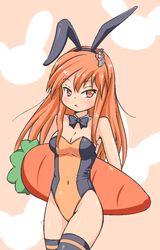  a-ktoo animal_ears beatmania_iidx bow bowtie commentary_request detached_collar female long_hair orange_eyes orange_hair playboy_bunny rabbit_ears stuffed_carrot thighhighs umegiri_iroha 