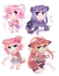  2018 accessory alternate_species animal_humanoid black_hair blue_eyes book bottomwear bow_(feature) bow_accessory bow_ribbon breasts brown_hair canid canid_humanoid canine canine_humanoid cat_humanoid chibi clothed clothing dipstick_tail dog_humanoid doki_doki_literature_club! fangs felid felid_humanoid feline feline_humanoid female fluffy fluffy_tail footwear fox_humanoid frown fully_clothed gesture green_eyes group hair hair_accessory hair_ribbon hairbow hairclip hand_gesture happy heart_symbol hi_res holding_book holding_object humanoid jacket legwear mammal mammal_humanoid markings monika_(doki_doki_literature_club!) multicolored_tail natsuki_(doki_doki_literature_club!) open_mouth pink_eyes pink_hair pointing procyonid procyonid_humanoid purple_eyes purple_hair raccoon_humanoid raikissu reading red_hair ribbons sayori_(doki_doki_literature_club!) school_uniform shirt shoes simple_background skirt smile socks standing star tail tail_markings team_salvato teeth topwear uniform white_background yuri_(doki_doki_literature_club!) 