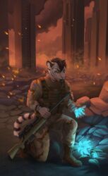  2018 5_fingers anthro clothed clothing detailed_background edron_(mr-yiffy) felid fingers flower fur green_eyes hi_res holding_object implied_fire male mammal pantherine plant solo sorafoxyteils tiger white_body white_fur 