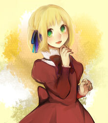  axis_powers_hetalia bad_id bad_pixiv_id blonde_hair blue_ribbon bow dress female green_eyes hair_ribbon hand_to_own_mouth liechtenstein_(hetalia) long_sleeves open_mouth pomuta_(tama922) puffy_long_sleeves puffy_sleeves red_dress ribbon short_hair smile solo 