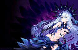  bare_shoulders black_gloves black_thighhighs blue_bow blue_eyes blue_neckwear blue_skirt bow breasts breasts_apart commentary_request cowboy_shot crown dark_background date_a_live elbow_gloves female gloves groin hair_between_eyes hairbow highres hip_focus leaning_forward long_hair looking_at_viewer loose_clothes loose_skirt medium_breasts navel revealing_clothes sereneandsilent skirt skirt_hold smile solo thighhighs tobiichi_origami veil very_long_hair white_hair 