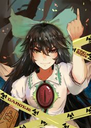  &gt;:) arm_at_side arm_cannon arm_up black_hair bow cape caution_tape collarbone collared_shirt commentary_request evil_smile female green_bow hair_between_eyes hairbow heterochromia highres long_hair looking_at_viewer pointing puffy_short_sleeves puffy_sleeves radiation_symbol red_eyes reiuji_utsuho shirt short_sleeves sinnbunn slit_pupils smile solo sparks symbol-shaped_pupils thick_eyebrows third_eye touhou upper_body v-shaped_eyebrows weapon wing_collar yellow_eyes 