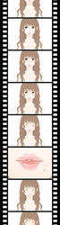  absurdres blush brown_hair closed_eyes commentary_request ebba female film_strip film_strip_border grey_eyes highres kissing lips mole mole_under_mouth original photoshop_(medium) smile solo upper_body 