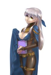  10s 2017 bangs bodysuit book breasts cape cleavage eyebrows_visible_through_hair female fire_emblem fire_emblem:_akatsuki_no_megami hair_ribbon holding_book holding_cape long_hair medium_breasts micaiah nintendo open_mouth pelvic_curtain shiny shiny_hair shiny_skin sidelocks silver_hair simple_background standing thigh_strap thighs white_background yellow_eyes 