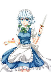  apron bad_id bad_pixiv_id blue_eyes blue_hair bow braid breasts cake divinebuster12 female food fruit hairbow highres izayoi_sakuya knife looking_at_viewer maid_headdress medium_breasts open_mouth plate puffy_short_sleeves puffy_sleeves short_hair short_sleeves simple_background skirt skirt_set solo strawberry strawberry_shortcake touhou twin_braids waist_apron white_background wrist_cuffs 