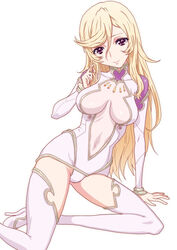  blonde_hair bodysuit boots breasts commentary_request covered_nipples female high_heels hirose_(mokiki) long_hair medium_breasts navel purple_eyes simple_background smile solo thigh_boots thighhighs uchuu_senkan_yamato uchuu_senkan_yamato_2199 white_background yurisha_iscandar 