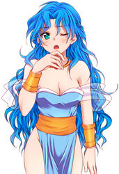  ;o bare_shoulders blue_hair blush breasts choker cleavage commentary_request female green_eyes koriina long_hair madou_monogatari medium_breasts one_eye_closed open_mouth puyopuyo rulue_(puyopuyo) see-through shawl solo white_background 