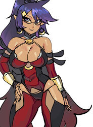  bare_shoulders bayonetta bayonetta_(cosplay) bayonetta_(series) bodysuit bracer breasts cameltoe cleavage commentary cosplay dark-skinned_female dark_skin detached_collar detached_sleeves earrings female fusion glasses highres hip_vent hoop_earrings impossible_clothes jewelry large_breasts long_hair maniacpaint photoshop_(medium) pointy_ears ponytail purple_eyes purple_hair semi-rimless_eyewear shantae shantae_(series) smile solo under-rim_eyewear very_long_hair 