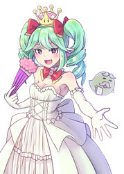  1boy :d bad_id bad_pixiv_id boo_(mario) bootler bow bow_(paper_mario) bowtie breasts cleavage collarbone commentary crown detached_collar dress drill_hair elbow_gloves eyebrows eyeshadow facial_hair feather_fan female folding_fan gloves green_hair hairbow hand_fan highres light_blush long_hair makeup mario_(series) medium_breasts miwa_sakura moustache new_super_mario_bros._u_deluxe oerba_yun_fang open_mouth outstretched_hand paper_mario paper_mario_64 pointy_ears purple_eyes red_bow simple_background smile strapless strapless_dress super_crown twin_drills twintails white_background white_dress white_gloves 