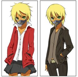  blonde_hair concept_art female flat_chest green_eyes hand_in_pocket jacket lena_forst letterman_jacket lowres mask messy_hair missing_stars myuto_(advent_retribution) open_clothes open_jacket pants popped_collar reverse_trap shirt short_hair skirt striped 